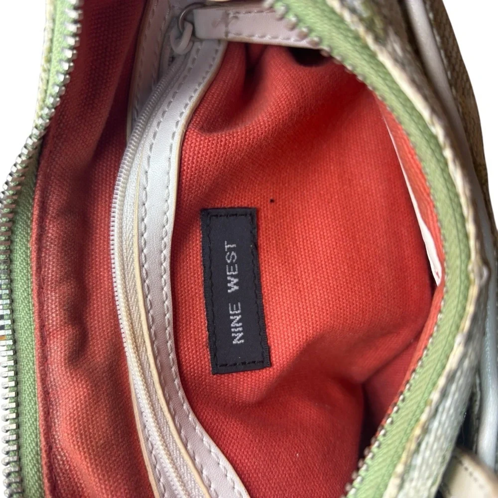 Nine West Green Ivory Geometric Print Shoulder Bag Fabric Faux Leather Trim - Picture 8 of 11